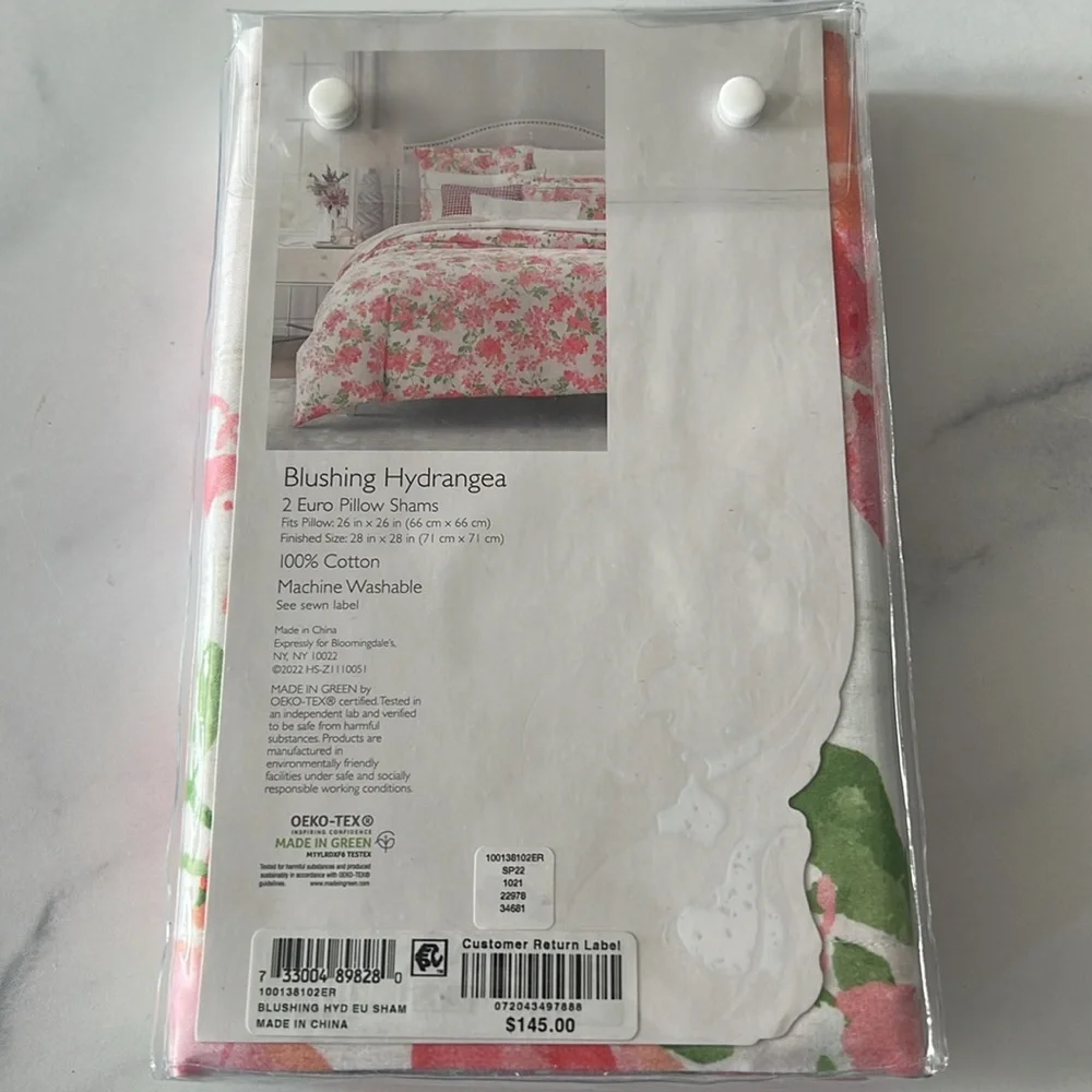 2 Sky Blushing Hydrangea Euro Shams New w/Tag $145
